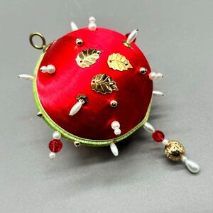 Vintage Handmade Push Pin Christmas Ornament Red Satin Gold Sequin Beaded White